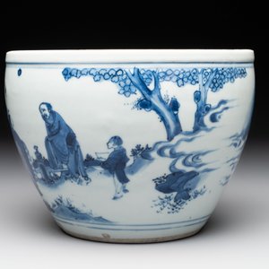 A Chinese blue and white 'Wen Wang Fang Xian 文王訪賢' scroll pot, Transitional period — foto 5