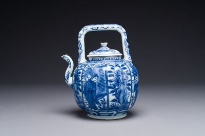 A Chinese blue and white wine ewer and cover with figural design, Wanli