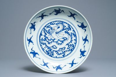 A Chinese blue and white 'winged dragon' dish, Xuande mark, Ming