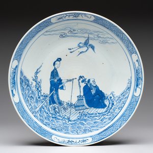 A Chinese blue and white 'Xian Ren Cheng Cha 仙人乘槎' dish, 19th C. — 照片 1