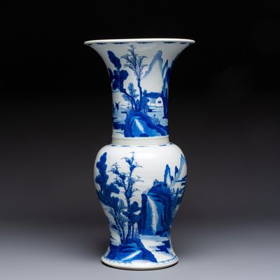 A Chinese blue and white 'Yenyen' vase with figures in a mountainous riverscape, Kangxi