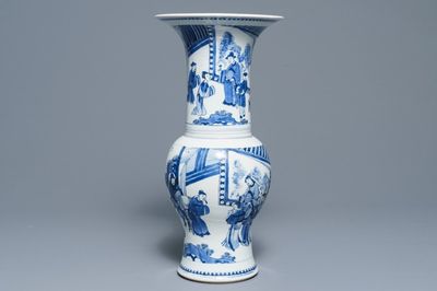 A Chinese blue and white yenyen vase with figures on a terrace, Kangxi