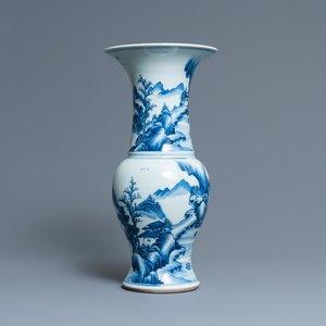 A Chinese blue and white 'yenyen' vase with fishermen in a mountainous landscape, Kangxi — photo 1