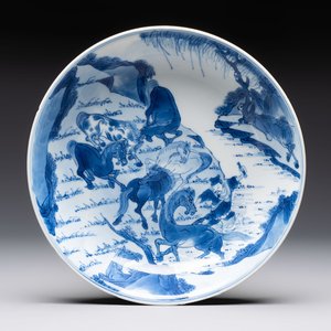 A Chinese blue and white 'Yu Ma Tu 浴馬圖' plate, Kangxi mark and of the period — photo 1