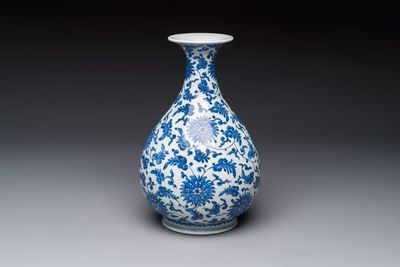 A Chinese blue and white 'Yuhuchunping' vase with lotus scroll design, Qianlong mark and of the period
