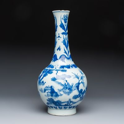 A Chinese blue and white 'Zhu Lin Qi Xian 竹林七賢' bottle vase, Transitional period