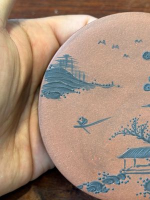 A Chinese blue-enameled Yixing stoneware box and cover with a mountainous landscape, 18/19th C. — 照片 5