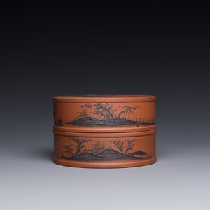 A Chinese blue-enameled Yixing stoneware box and cover with a mountainous landscape, 18/19th C. — 照片 4