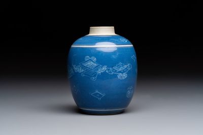 A Chinese blue-glazed 'Antiquities' jar with incised design, Kangxi