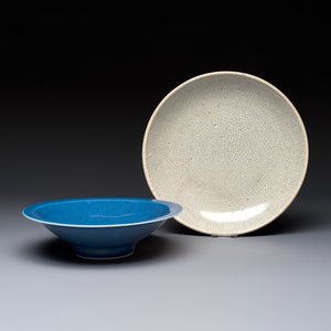 A Chinese blue-glazed shallow bowl and a ge-type dish — photo 1