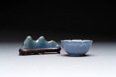 A Chinese blue-glazed Yixing stoneware 'lotus' bowl, and a brush rest on wooden stand, 18/19th C.