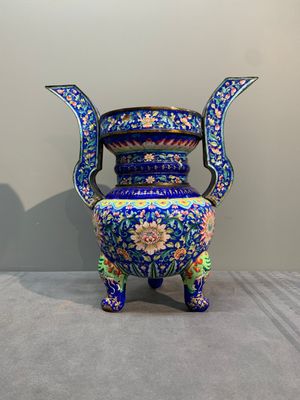 A Chinese blue-ground Canton enamel 'flower scroll' censer, Qianlong — photo 1