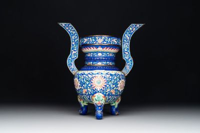 A Chinese blue-ground Canton enamel 'flower scroll' censer, Qianlong