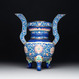 A Chinese blue-ground Canton enamel 'flower scroll' censer, Qianlong — photo 1