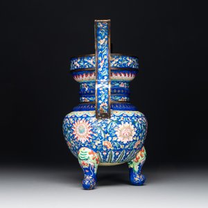 A Chinese blue-ground Canton enamel 'flower scroll' censer, Qianlong — photo 2