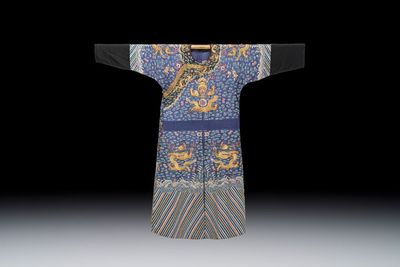 A Chinese blue-ground embroidered silk summer gauze 'Dragon' robe, 'Ji Fu' 吉服, 19th C.