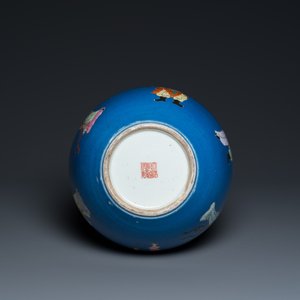 A Chinese blue-ground famille rose 'eight immortals' bottle vase, Qianlong mark, 19th C. — 照片 6
