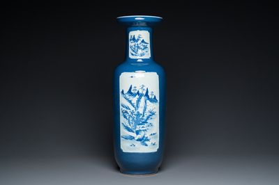 A Chinese blue-ground rouleau vase with blue and white landscape panels, 19th C.