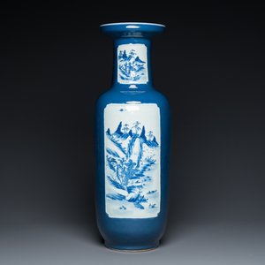 A Chinese blue-ground rouleau vase with blue and white landscape panels, 19th C. — 照片 1