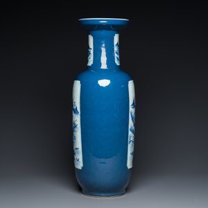 A Chinese blue-ground rouleau vase with blue and white landscape panels, 19th C. — 照片 2