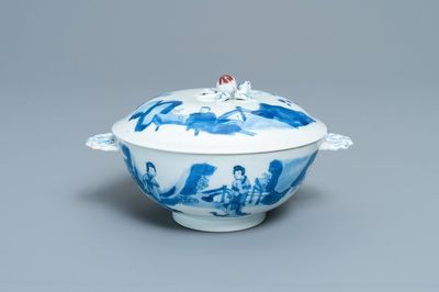 A Chinese blue, white and copper red bowl and cover, Chenghua mark, Kangxi