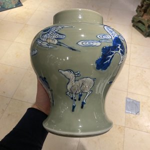 A Chinese blue, white and copper-red celadon-ground 'birds and deer' vase, Kangxi — photo 24