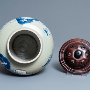 A Chinese blue, white and copper-red celadon-ground 'birds and deer' vase, Kangxi — photo 6
