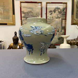 A Chinese blue, white and copper-red celadon-ground 'birds and deer' vase, Kangxi — photo 8