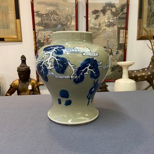 A Chinese blue, white and copper-red celadon-ground 'birds and deer' vase, Kangxi — photo 9
