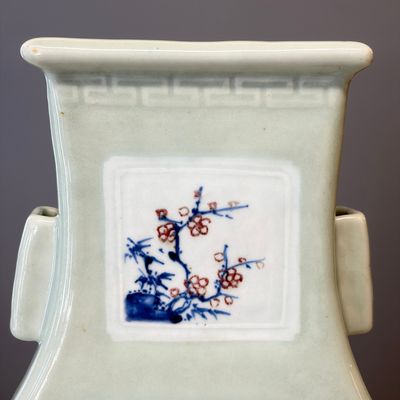 A Chinese blue, white and copper-red celadon-ground 'Hu' vase with birds among blossoming branches — photo 10
