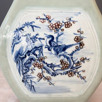 A Chinese blue, white and copper-red celadon-ground 'Hu' vase with birds among blossoming branches — photo 12