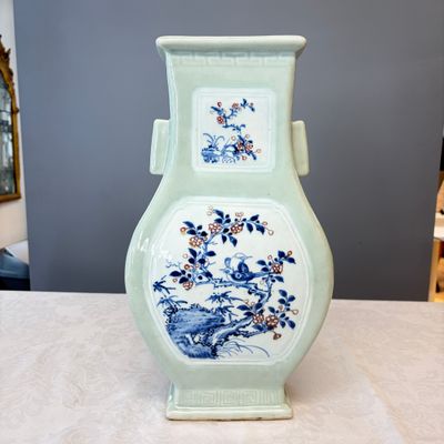 A Chinese blue, white and copper-red celadon-ground 'Hu' vase with birds among blossoming branches — photo 1