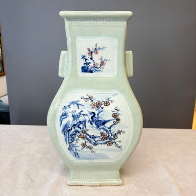 A Chinese blue, white and copper-red celadon-ground 'Hu' vase with birds among blossoming branches — photo 3