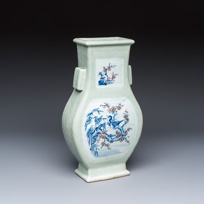 A Chinese blue, white and copper-red celadon-ground 'Hu' vase with birds among blossoming branches, Qianlong