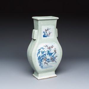 A Chinese blue, white and copper-red celadon-ground 'Hu' vase with birds among blossoming branches — photo 1