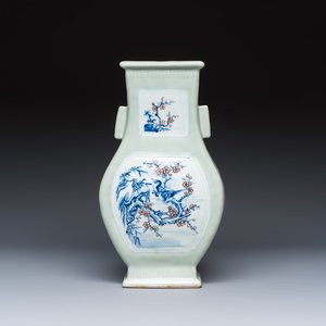A Chinese blue, white and copper-red celadon-ground 'Hu' vase with birds among blossoming branches — photo 2