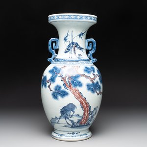 A Chinese blue, white and copper-red 'deer and pine tree' vase, Qianlong — photo 1