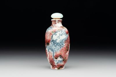 A Chinese blue, white and copper-red 'dragon' snuff bottle, Chenghua mark, 18th C.
