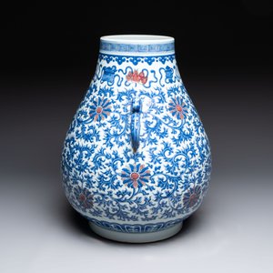 A Chinese blue, white and copper-red 'hu' vase with lotus scrolls, Qianlong mark, 19th C. — photo 4