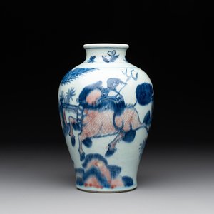 A Chinese blue, white and copper-red 'kylin and phoenix' vase, 19th C. — photo 1