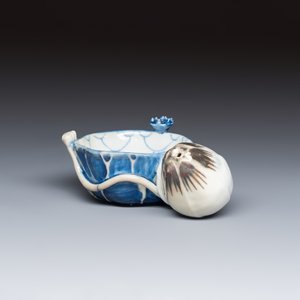 A Chinese blue, white and copper-red lotus-form water dropper — photo 1