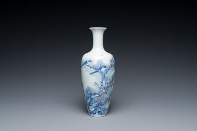A Chinese blue, white and copper-red 'magpie and prunus' vase, Kangxi mark, 19/20th C.