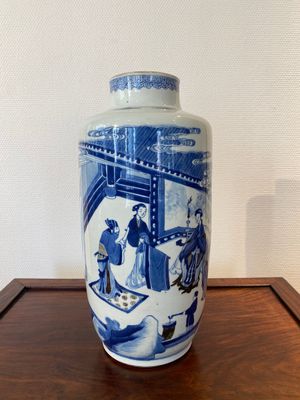 A Chinese blue, white and copper-red 'narrative subject' rouleau vase, Kangxi — photo 1