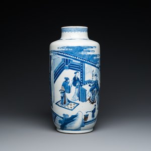 A Chinese blue, white and copper-red 'narrative subject' rouleau vase, Kangxi — photo 2