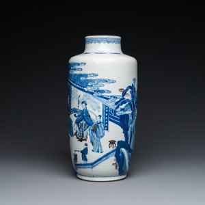 A Chinese blue, white and copper-red 'narrative subject' rouleau vase, Kangxi — photo 3