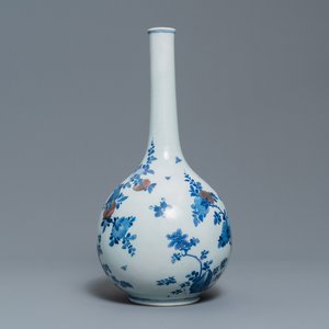 A Chinese blue, white and copper-red 'peaches' bottle vase with inscription, Kangxi — photo 1