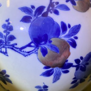 A Chinese blue, white and copper-red 'peaches' bottle vase with inscription, Kangxi — photo 21