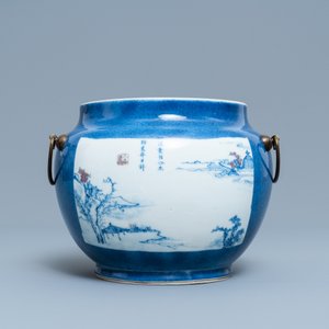 A Chinese blue, white and copper red powder blue-ground bowl, Jiajing mark, Kangxi — 照片 3