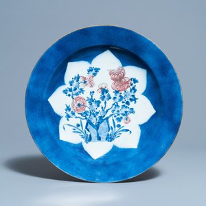 A Chinese blue, white and copper red powder blue-ground charger, Kangxi — photo 1