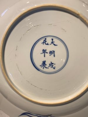 A Chinese blue, white and copper-red powder-blue-ground 'fish' dish, Kangxi — photo 9
